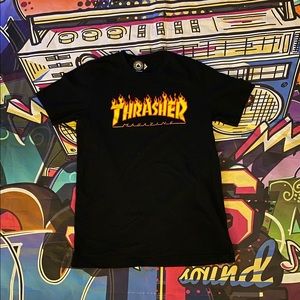 THRASHER Magazine - Mens Black T Shirt orange flames, 100% cotton